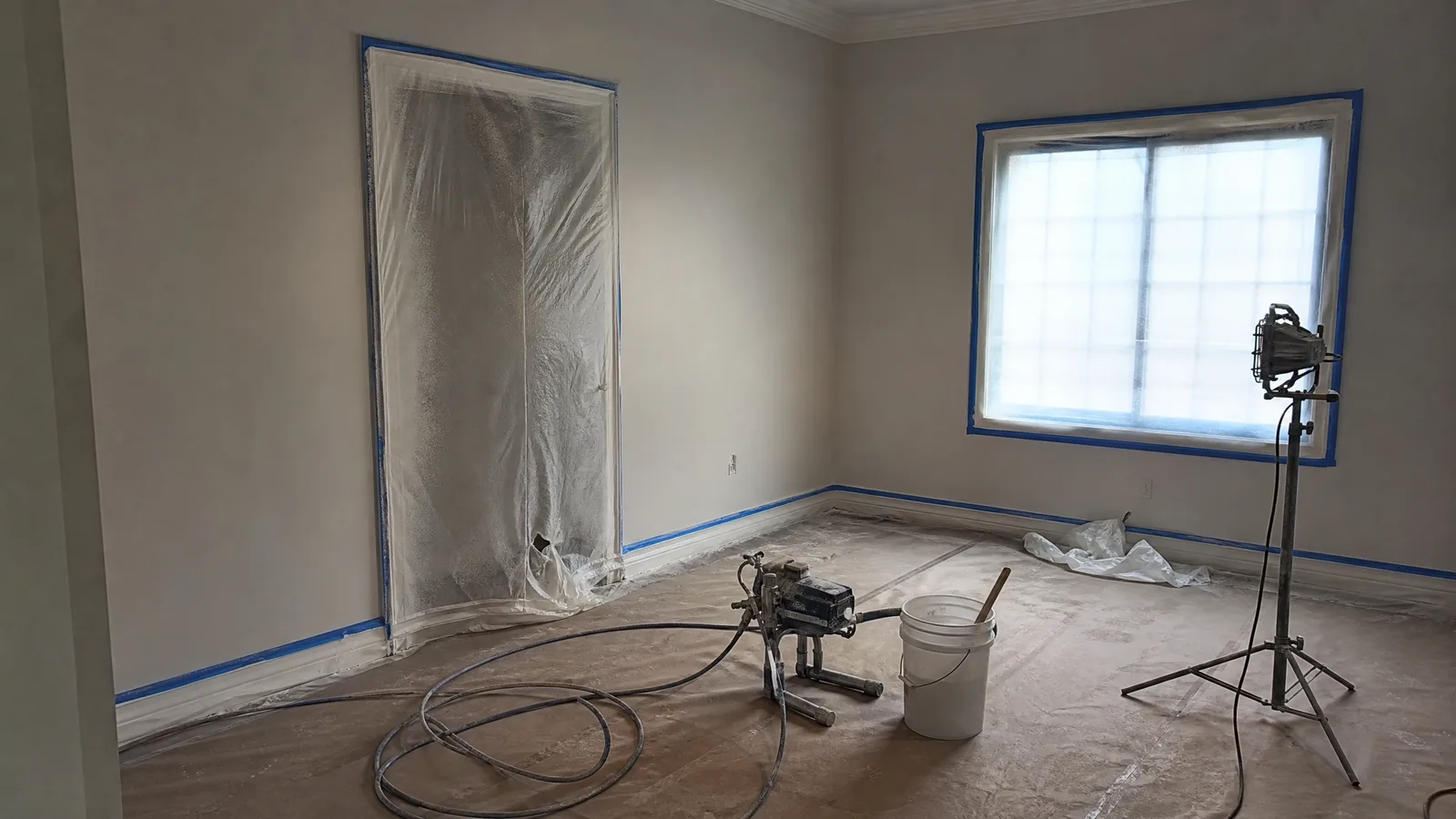 Empty interior room masked with plastic sheeting and paper, an airless sprayer and hose on the covered floor